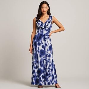 INC International Concepts Dress Maxi Sleeveless V-Neck Floral Blue White Large